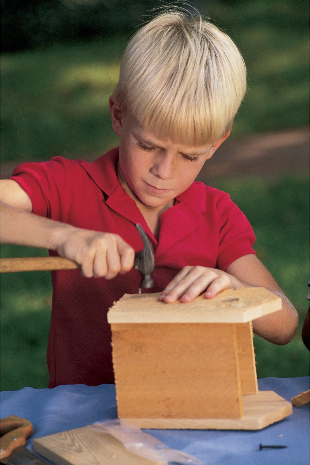 Little boy building a wooden birdhouse