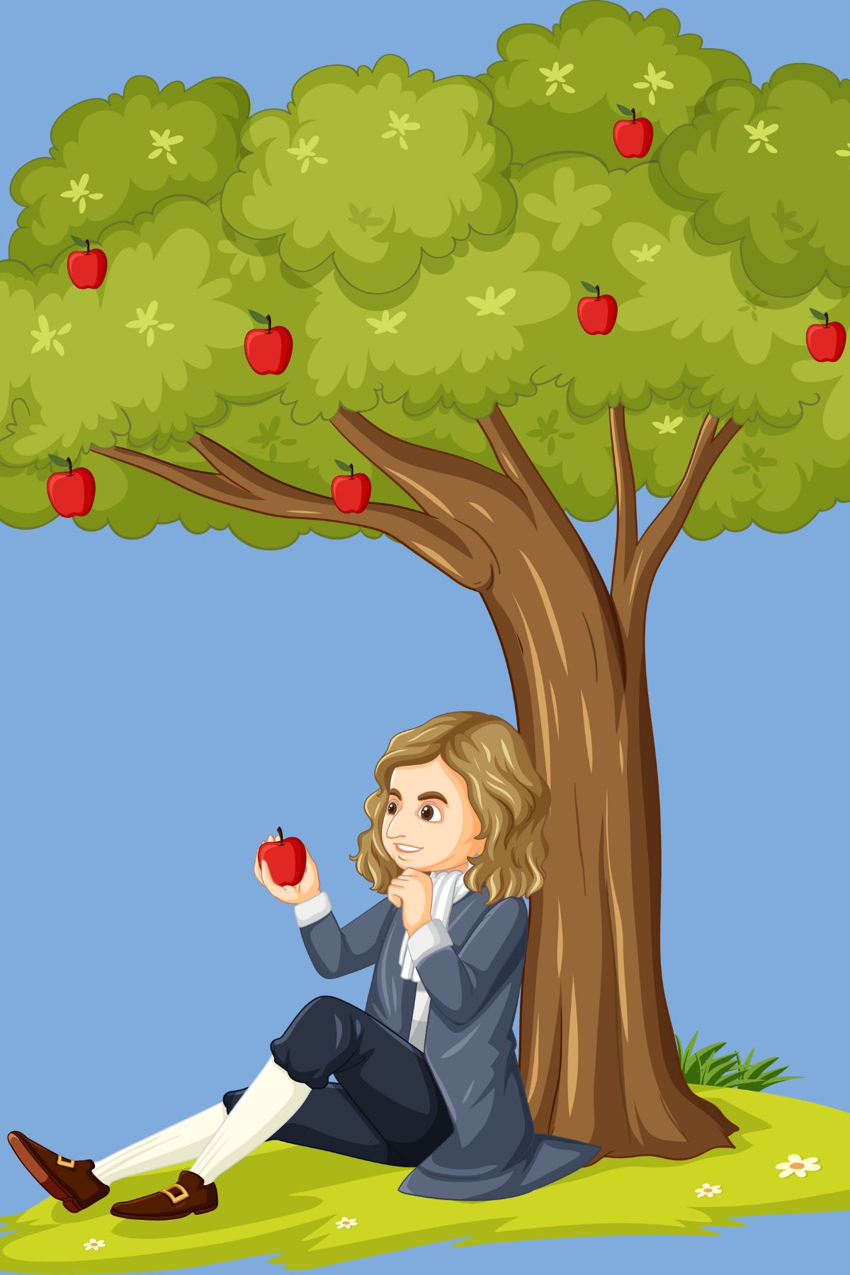 Cartoon image of Isaac Newton holding an apple sitting under an apple tree