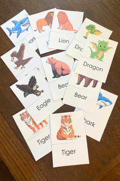 Partner match cards printed on white card stock with cartoon images of animals.