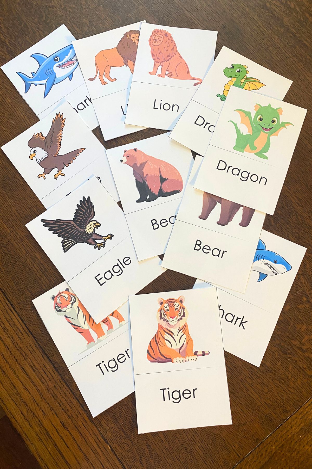 Partner Match cards printed on white cardstock with cartoon images of animals.