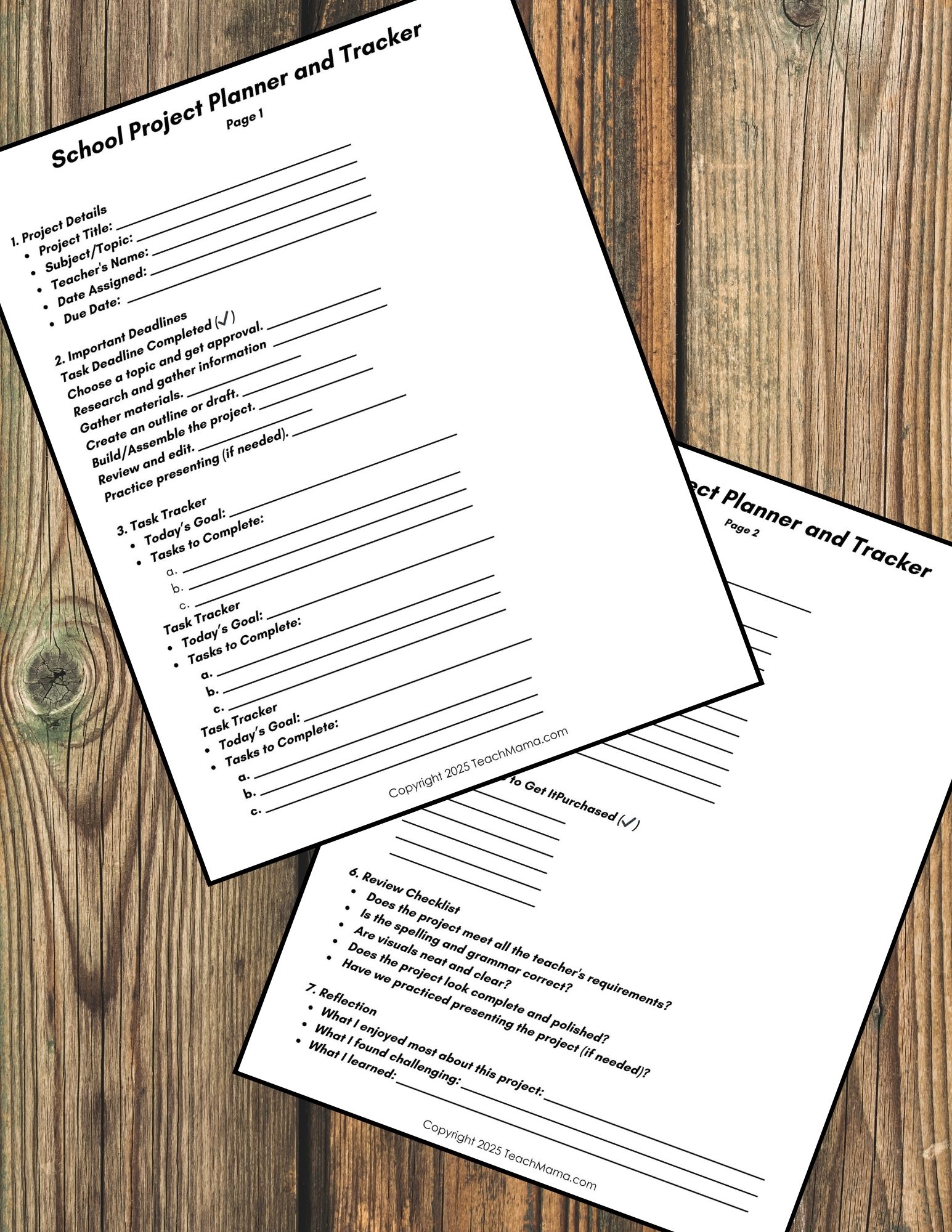 Printed school project planner on white paper on a wood background