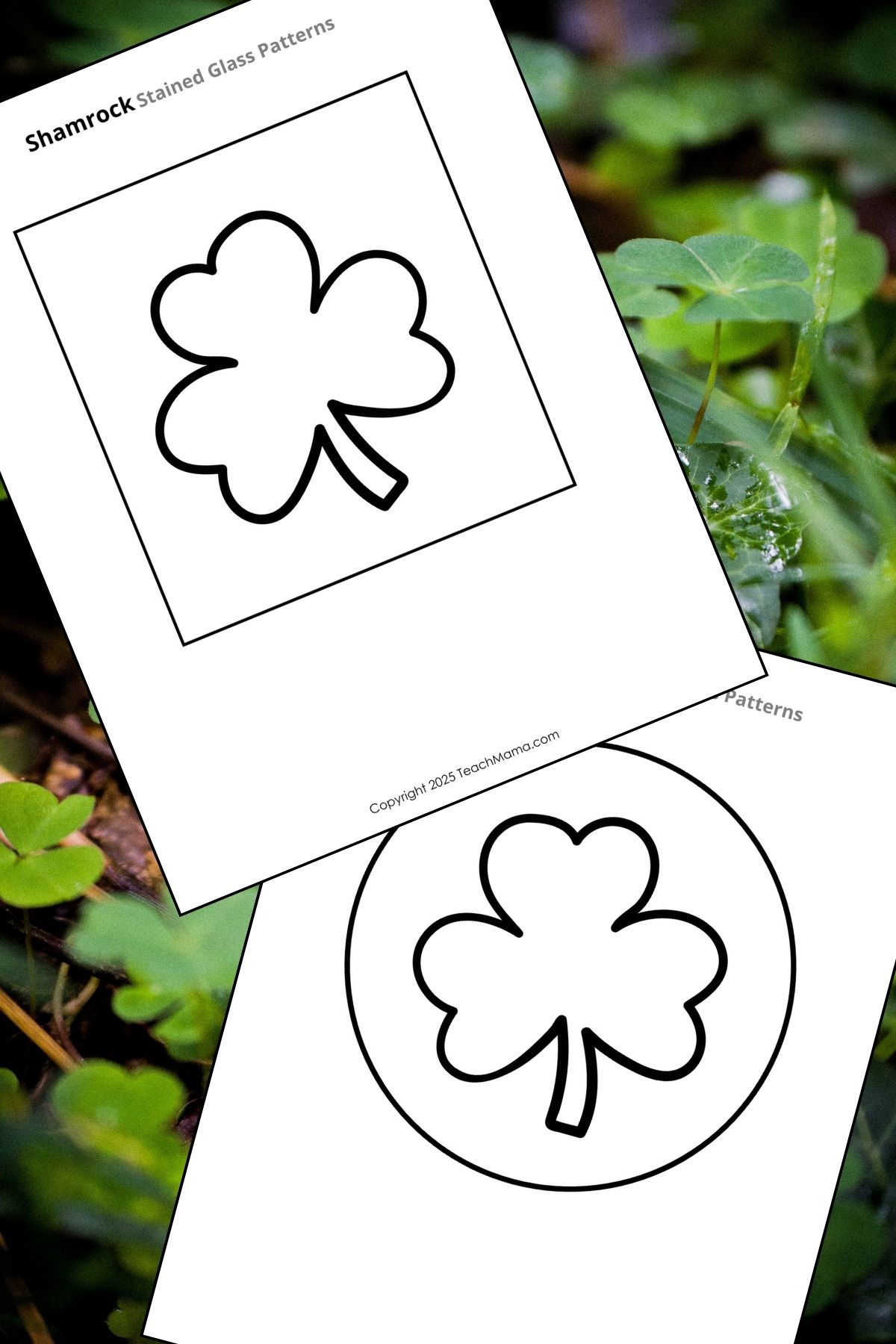 Shamrock craft pattern printed on white paper on a clover background