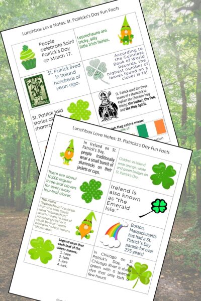 Fun fact St. Patrick's Day lunchbox notes printed on white cardstock on a forest scene background