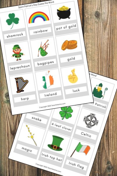Printable of St Patrick's Day themed words on white cardstock on a wood background