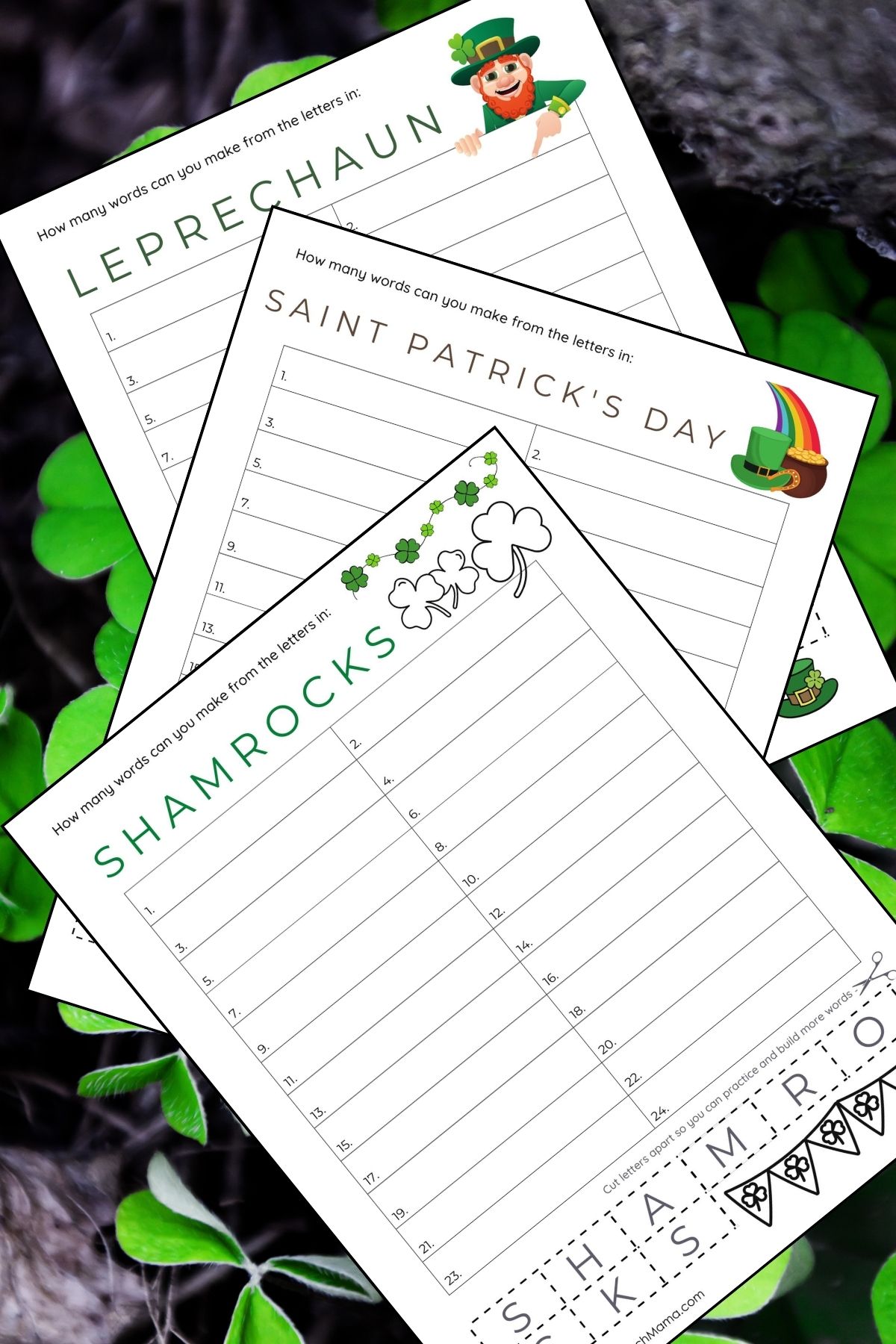 Printable pages with St. Patrick's Day images and numbered lines and words like Leprechaun and Shamrock on a background of clover.