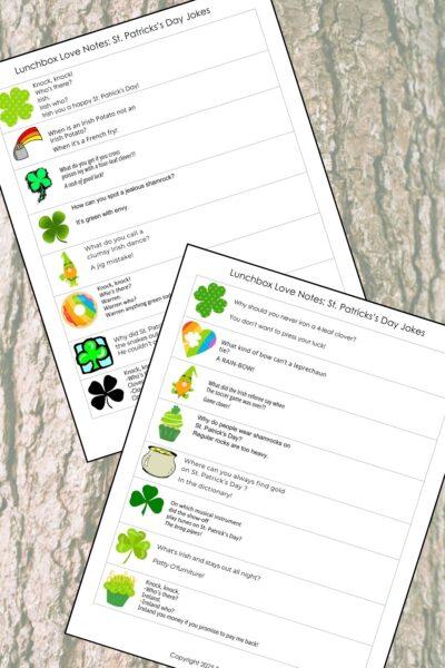 St. Patrick's Day themed jokes and colorful cartoon style images printed on white cardstock over a tree bark background