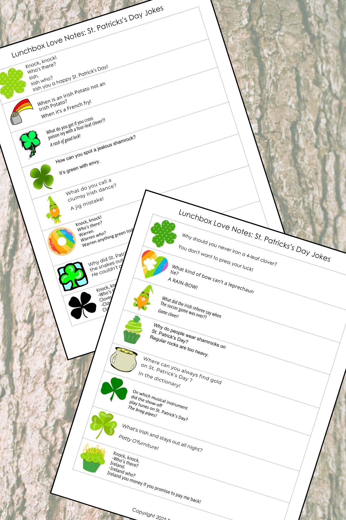 St. Patrick's Day themed jokes and colorful cartoon style images printed on white cardstock over a tree bark background