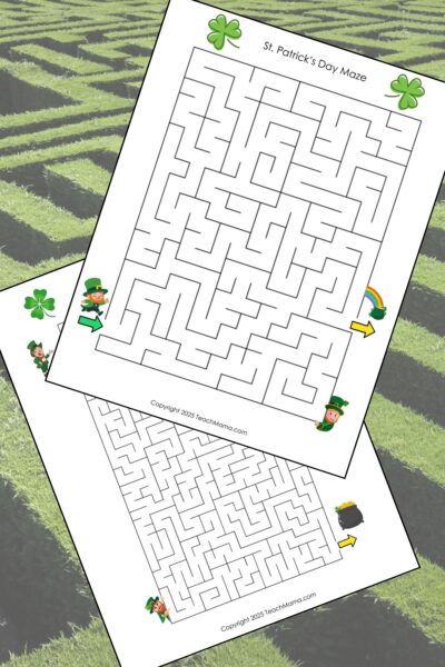 Two maze printables decorated with colorful St. Patrick's Day images over a hedge maze background