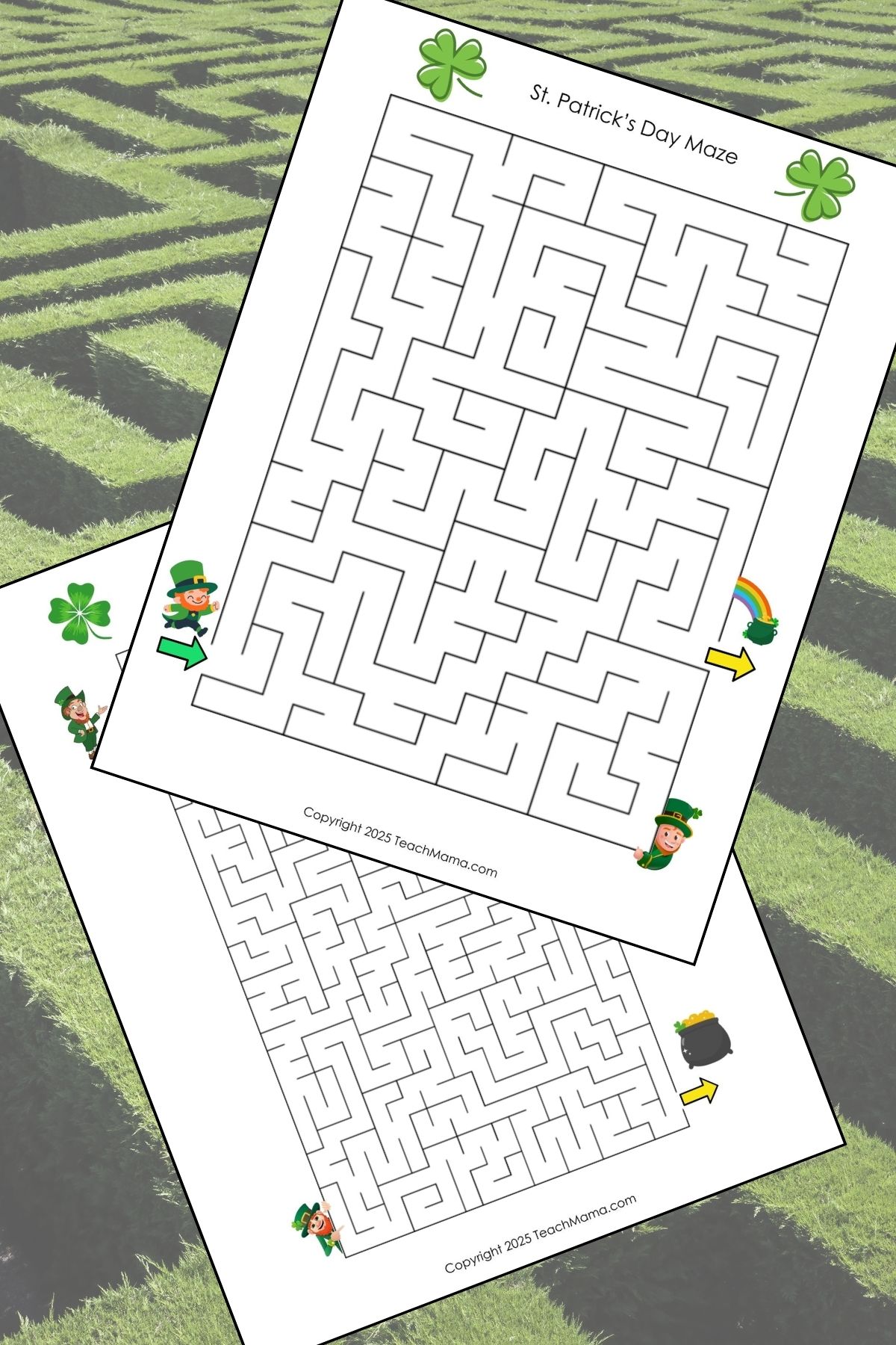 Two maze printables decorated with colorful St. Patrick's Day images over a hedge maze background