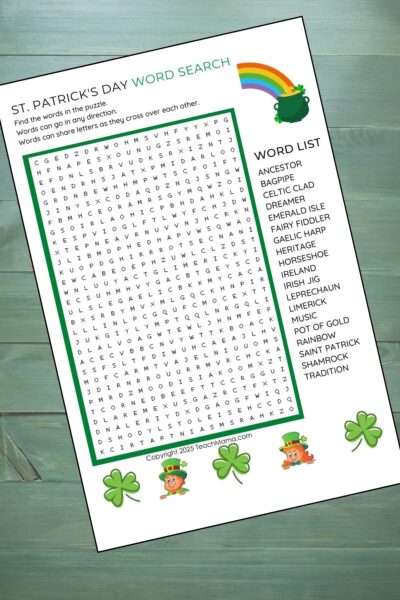 Word search printable with bright images on a green wood background.