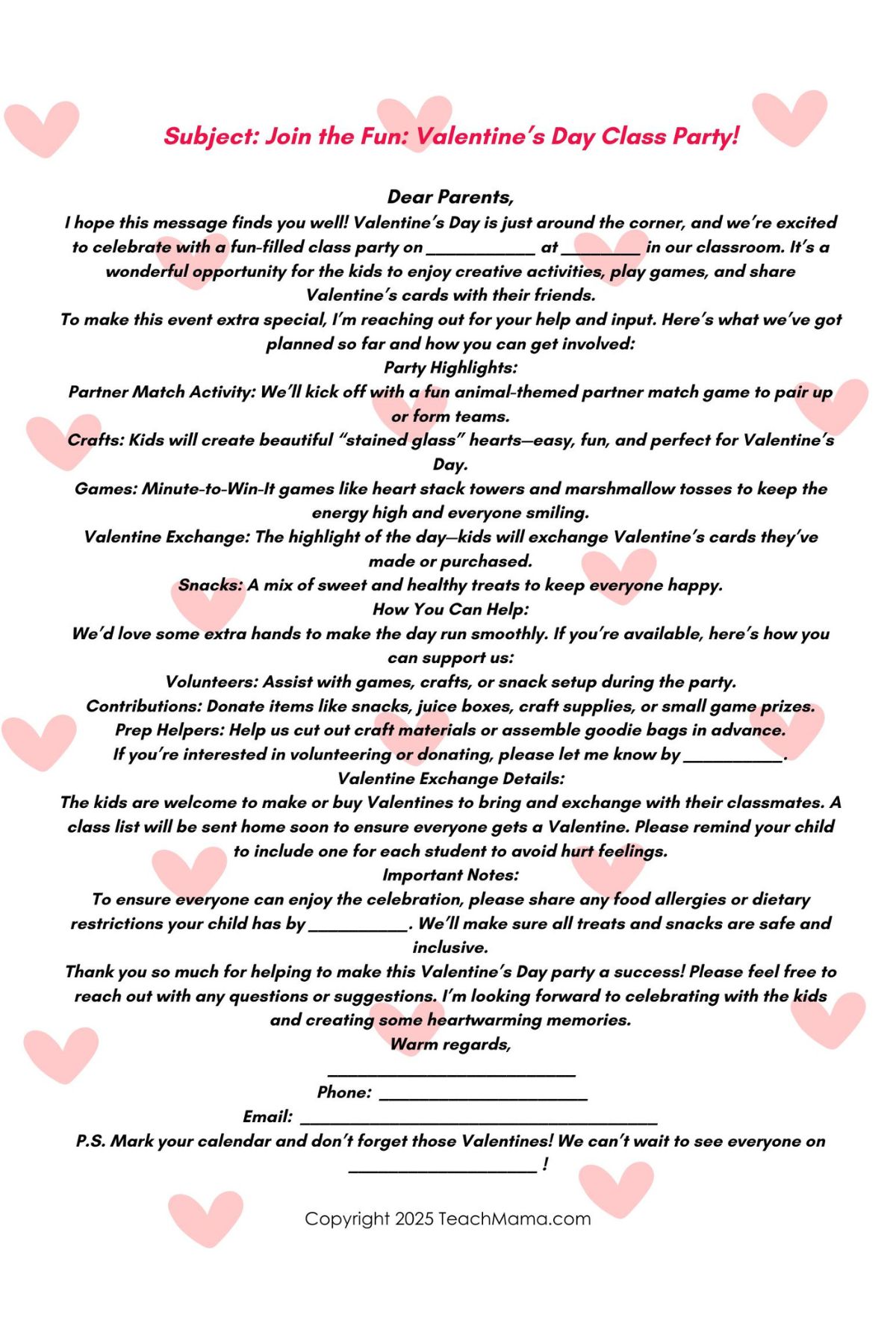 Valentine's Day Class Party Letter on a background of light pink hearts