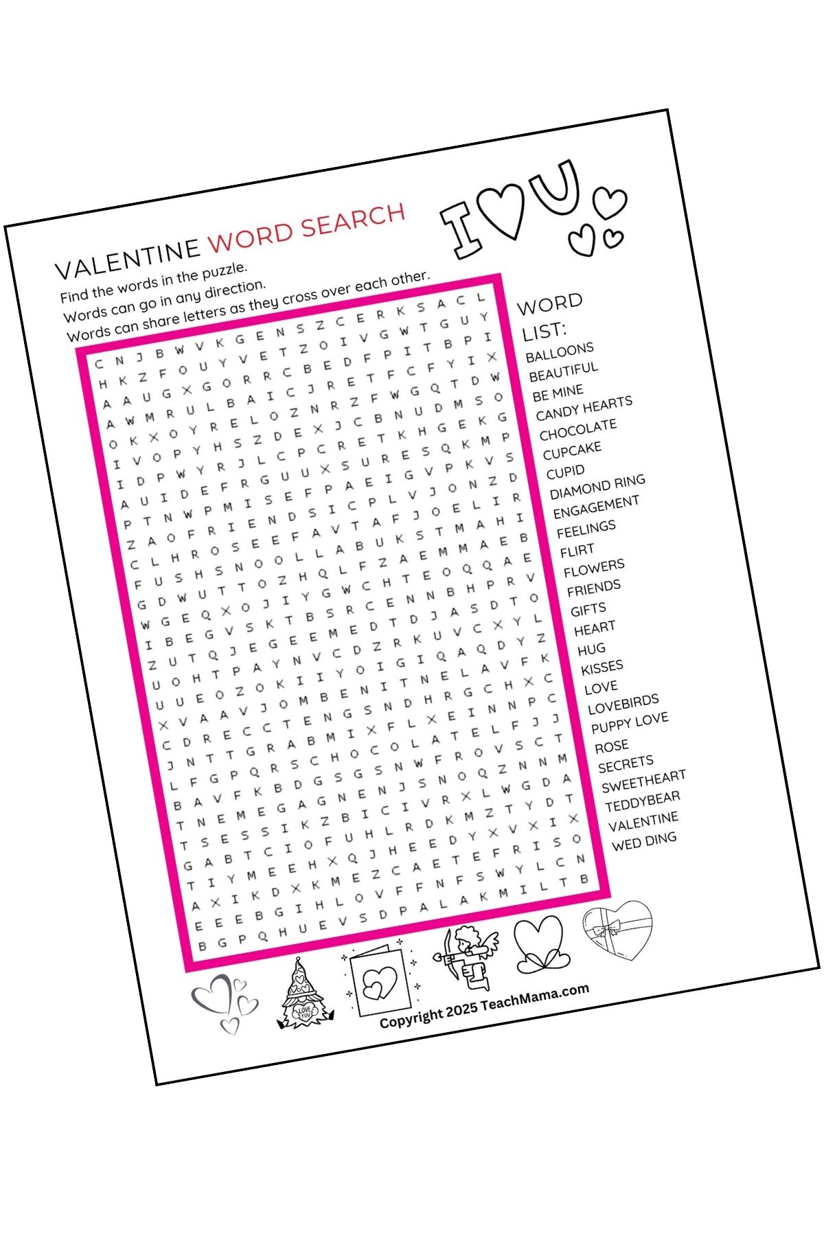 Valentine-themed word search