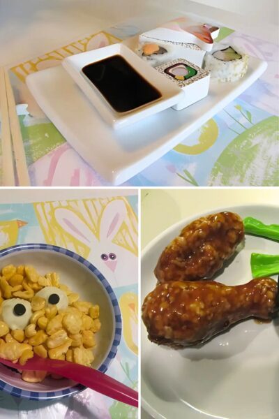 Three pictures in a collage. A sushi plate with real and fake sushi. A bowl of cereal with eyes in the cereal. Fake chicken wings and sauce on a white plate.
