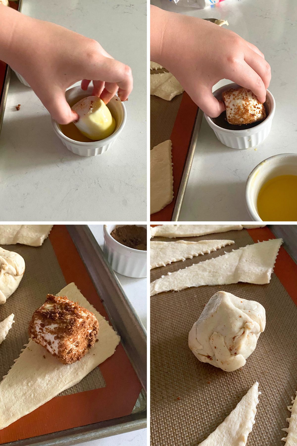 Collage of four photos with a child's hand dipping a marshmallow into butter then rolling it in sugar and cinnamon, a sugared marshmallow sitting on a piece of crescent dough and the crescent roll rolled around the marshmallow