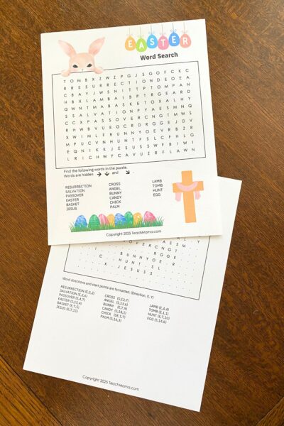 Easter word search printed on white card stock with colorful Easter cartoon images on a wooden table