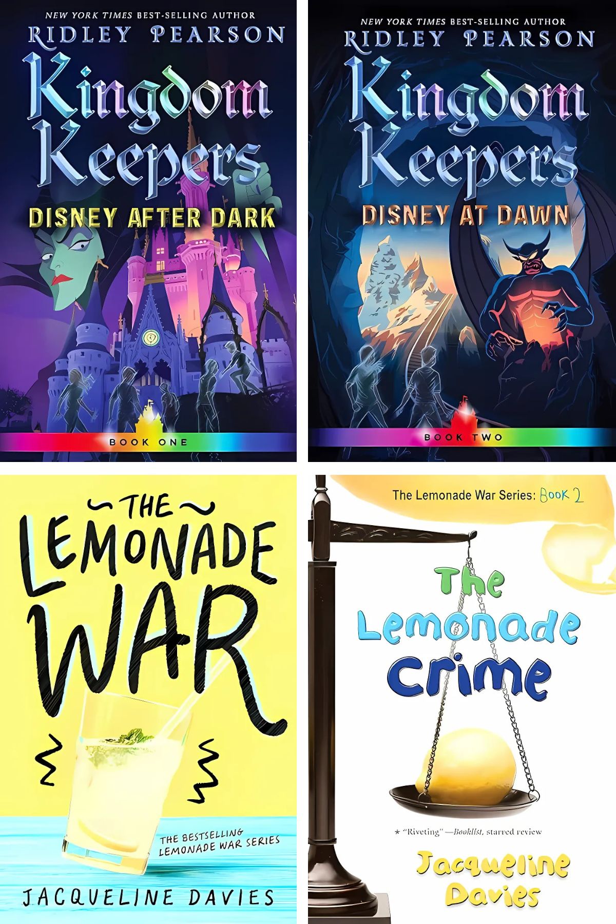 Four book cover collage with Kingdom Keepers and The Lemonade War series