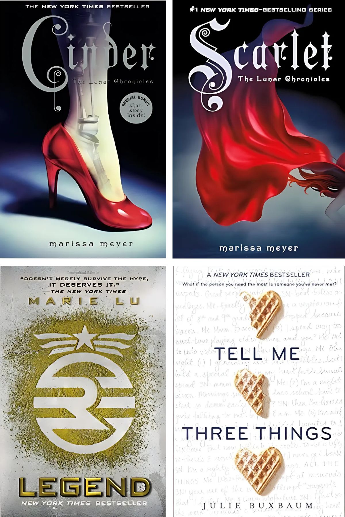 Four book cover collage with the Lunar Chronicles Series, Legend and Tell Me Three Things