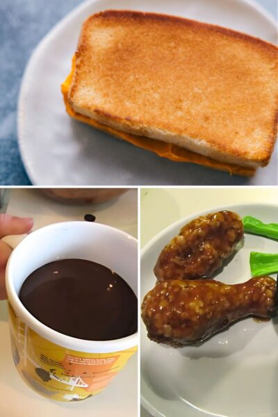 Photo collage with a grilled cheese sandwich, a coffee mug and fake chicken wings on a white plate