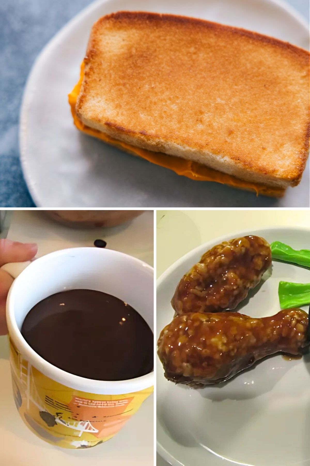 Photo collage with a grilled cheese sandwich, a coffee mug and fake chicken wings on a white plate