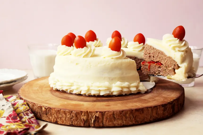 Meatloaf and mashed potatoes served like a cake with thick icing