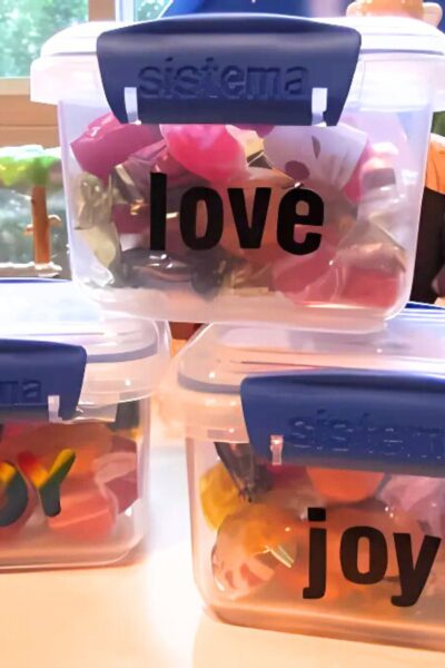 Plastic containers with clamp-on lids filled with candy and vinyl letters saying love and joy