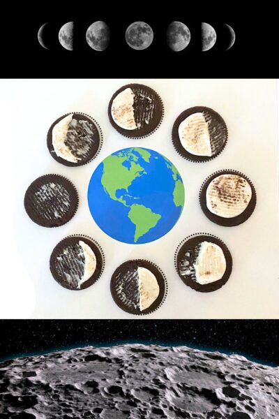 Photo collage with images of moon phases on top, oreo cookies with the icing carved into moon phases in the middle and a lunar landscape photo on the bottom