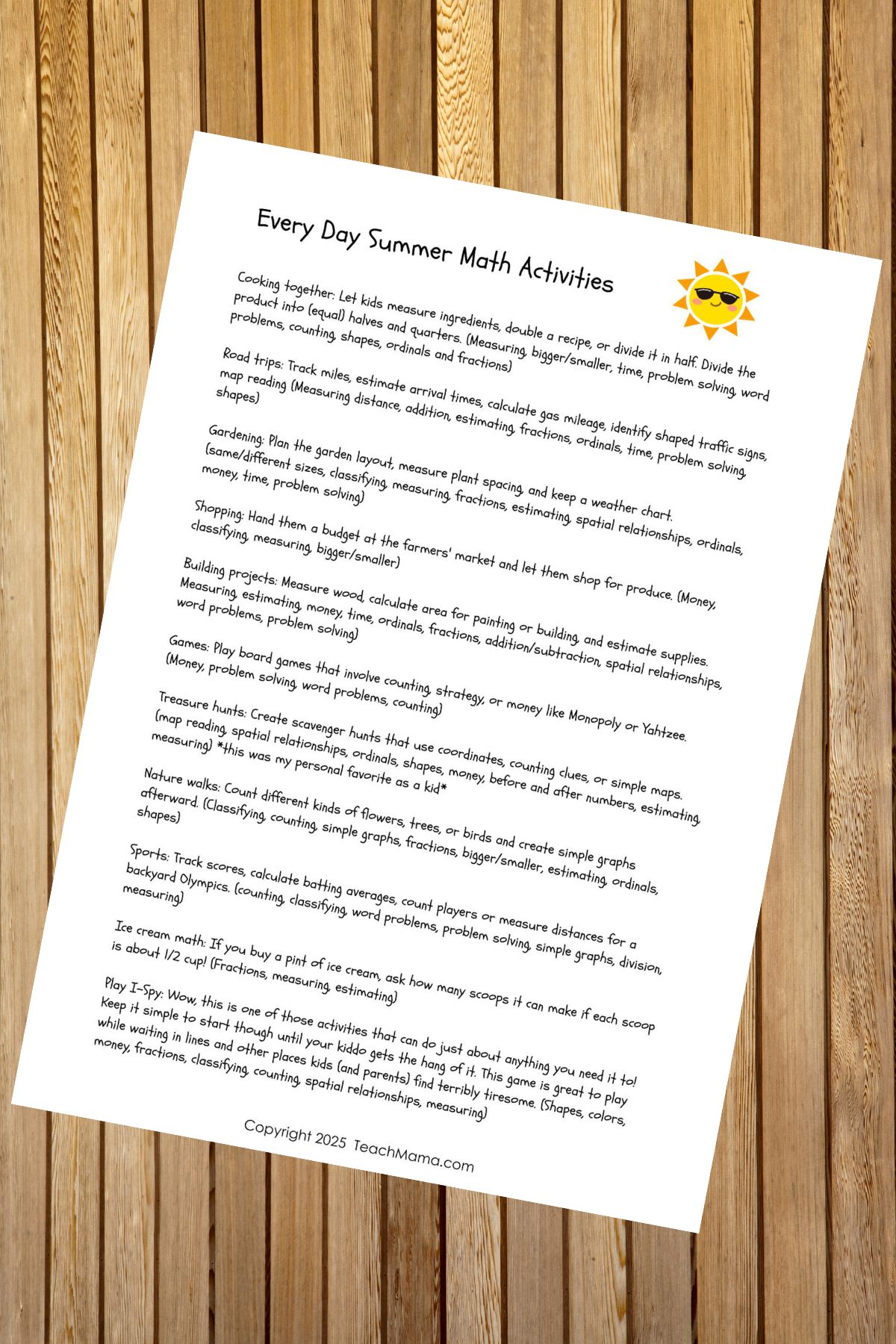 Every Day Summer Math Activities Printable printed black letters on white paper with a colorful cartoon sun image