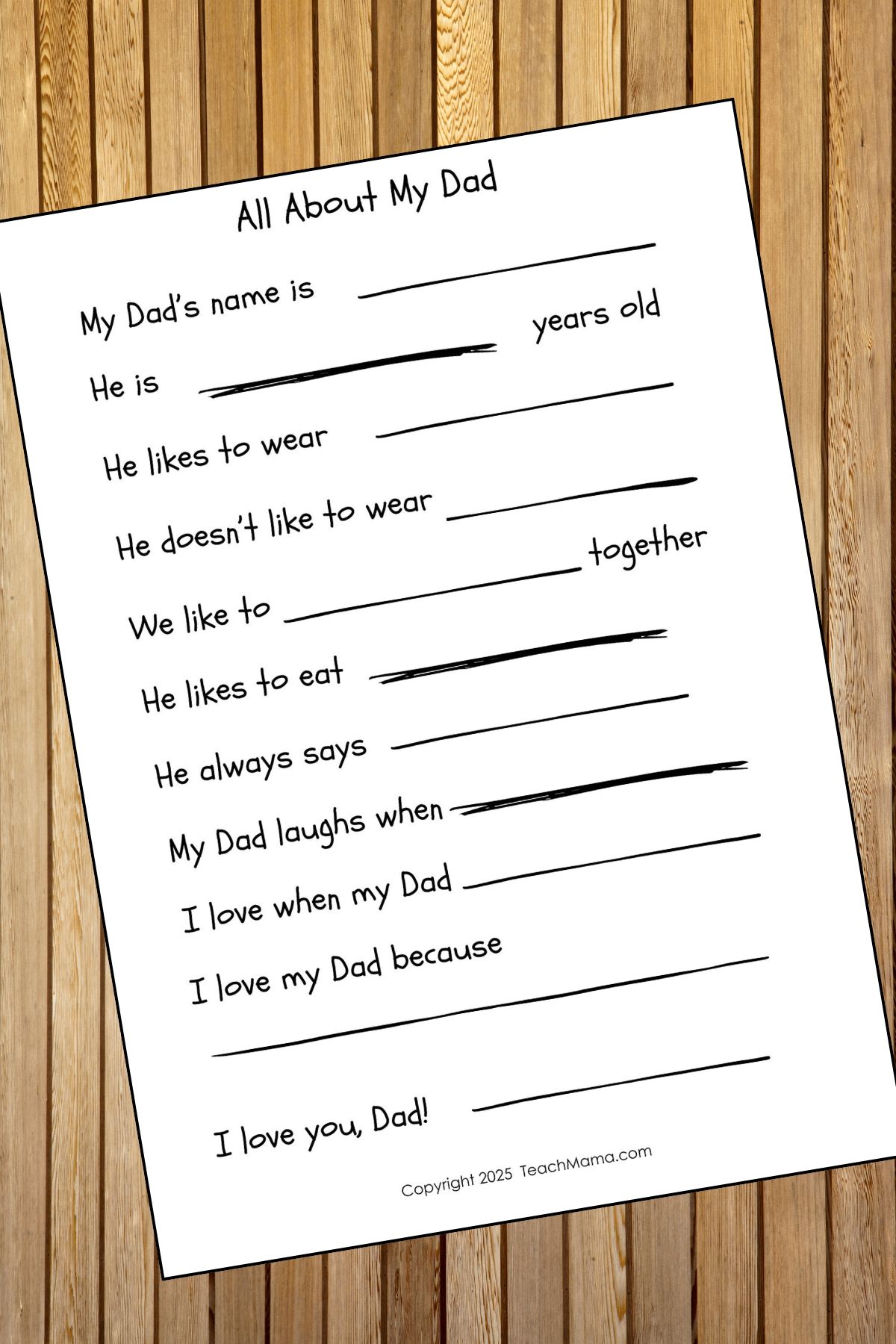 All About My Dad Memory Page printed in black and white on a wooden background