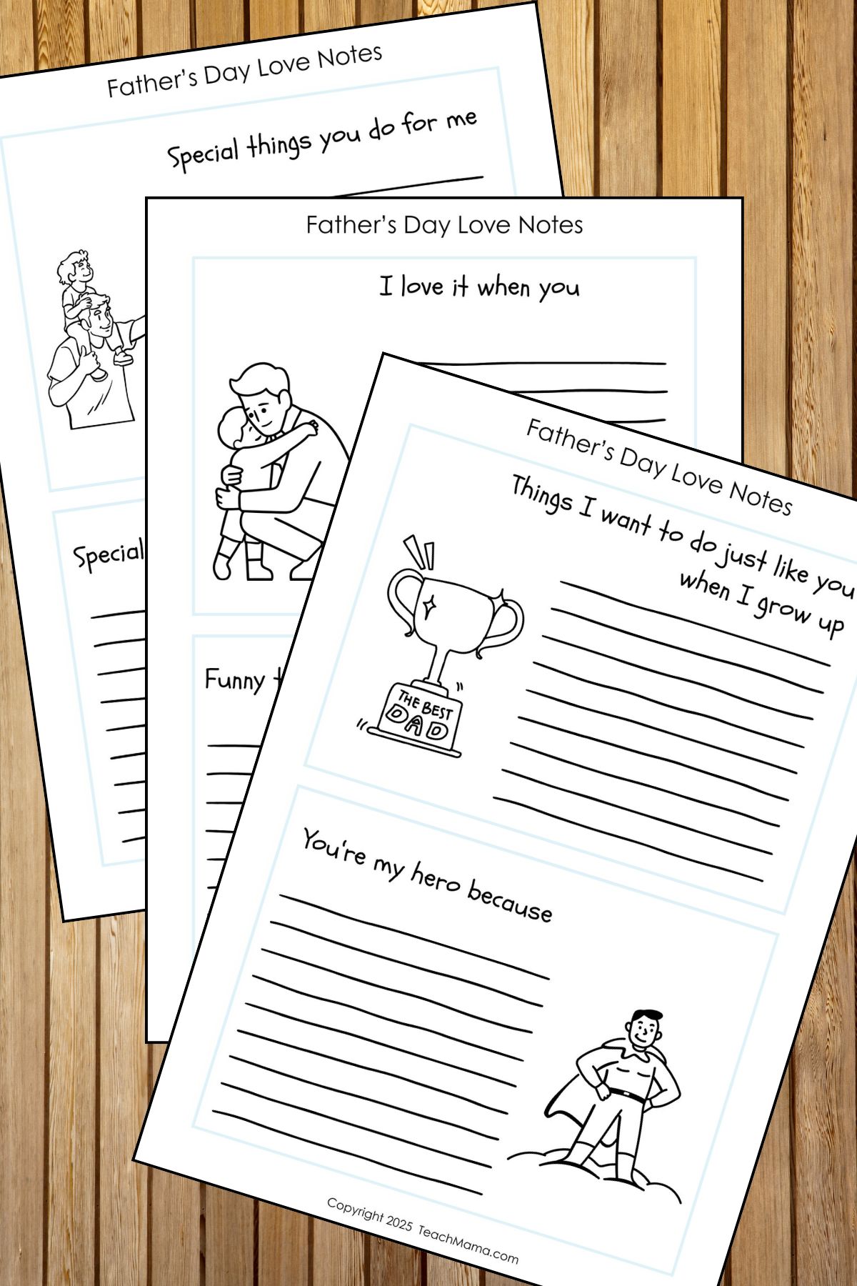 Father's Day Love Notes printed in black and white on a wooden background