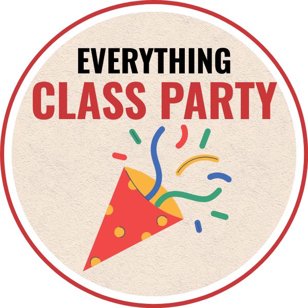 A party hat with confetti coming out of it under the words Everything Class Party