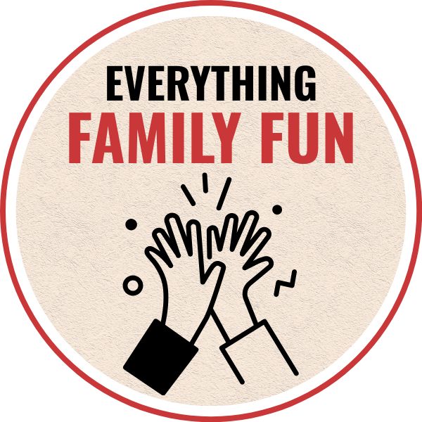 A red circle with a pair of cartoon hands high-fiving. The text overlay says Everything Family Fun