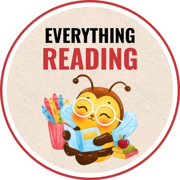A red circle with a cute bee in the middle reading a book. A text overlay reads Everything Literacy