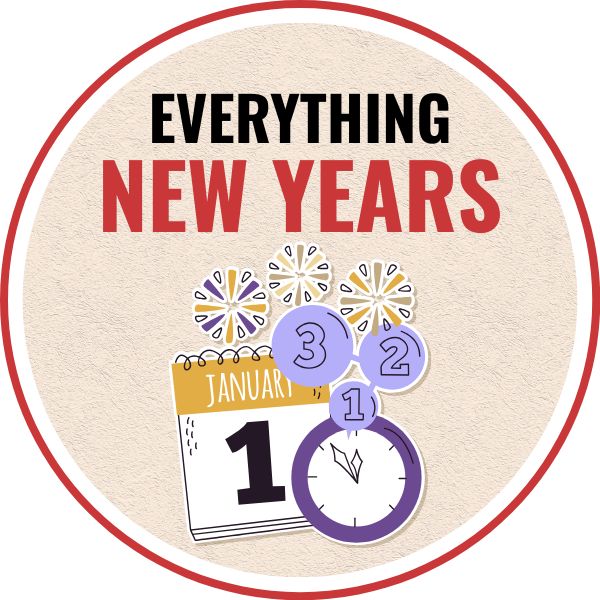a red circle with a calendar set to january 1st, a clock at midnight, and fireworks under the text overlay that says everything new years
