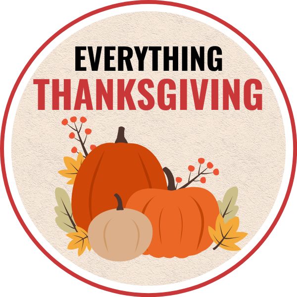 A set of fall pumpkins and thanksgiving items under a text overlay that reads everything Thanksgiving