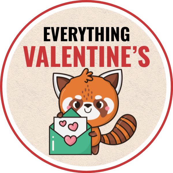A cute fox holding a valentine's day card, a text overlay reads everything valentine's