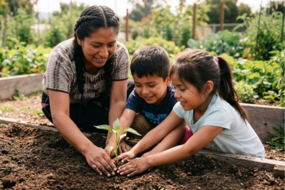 Kids planting plants in theri summer camp